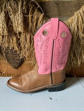 OLD WEST Brown Pink Leather Square Toe Cowboy Boots Youth Size 2 Style BSC1839