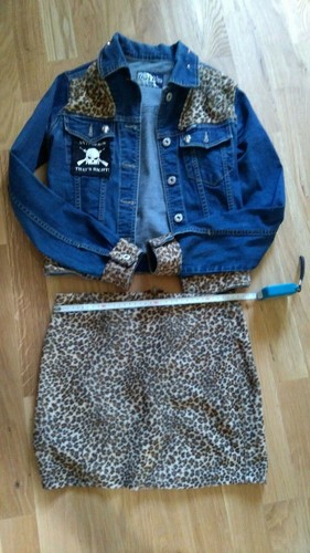 Punkrock Leopard Jeans Jacke und kurzer Rock Kostüm XS 32 Punk Handmade - Bild 5 von 7