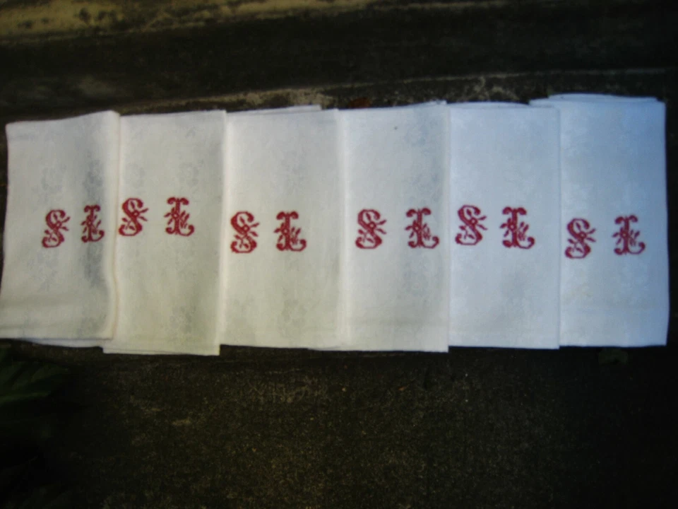 SERVIETTES anciennes DAMASSé de LIN brodées SL FIL ROUGE POINT COMPTE LOT de 6 - Photo 2/4