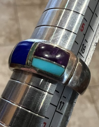 Wayne Etsitty Sterling Silver Band Multistone Inlays Ring Size 6 - Picture 5 of 6