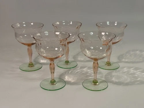 5 Vtg Depression Tiffin Uranium Base Watermelon Pink & Green Sherbert Glasses