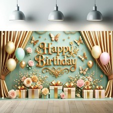 Starlit Patio Gold Green Happy Birthday Backdrop Butterfly Gift Box Floral Banne