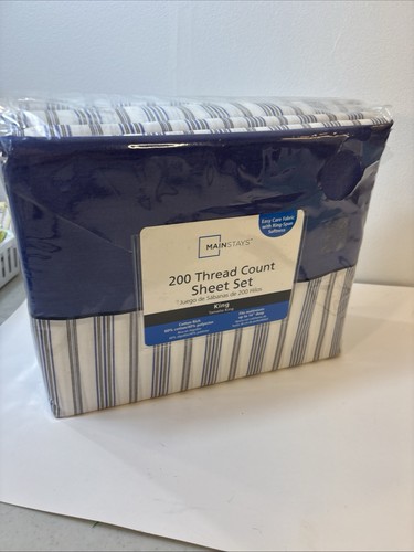 King Sheet Set Easy Care New 4 piece NEW Opened Blue White Tan Striped 200 thead - Picture 7 of 7
