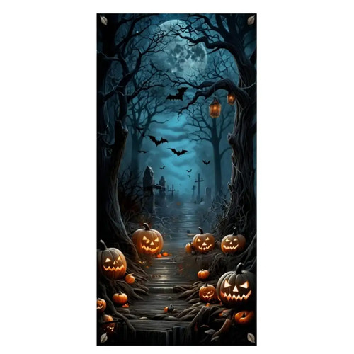 Cubierta de puerta de Halloween pancarta aterrador árbol muerto cementerio calabazas horror noche decoración - Imagen 58 de 59