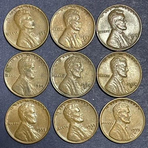 Lincoln Cents. Lot Of 9. 1953, 54, 55 P, D, S. Maybe Fine Or Better Condition