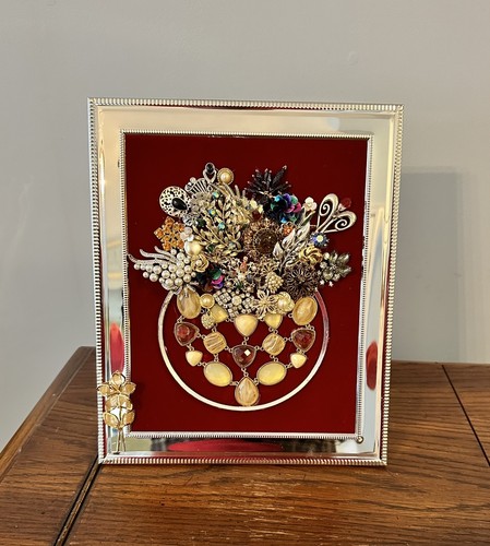 OOAK 11 X 14 Vintage & Modern Jewelry  Art Flower Decor Framed Tabletop Floral - Picture 1 of 7