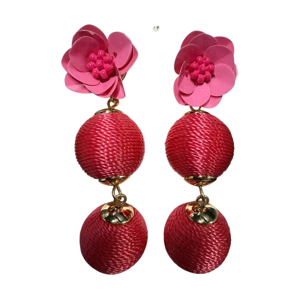 NWT J. Crew Gold Tone Flamingo Pink Flower Dangle Drop Earrings JC383 - Image 2 of 3