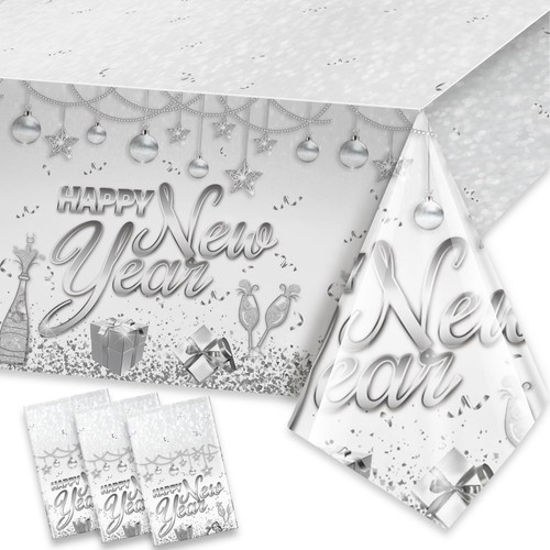 3 Stück Silber Happy New Year Tischdecken, Happy New Year Tischdecke für Silvester... - Bild 1 von 6