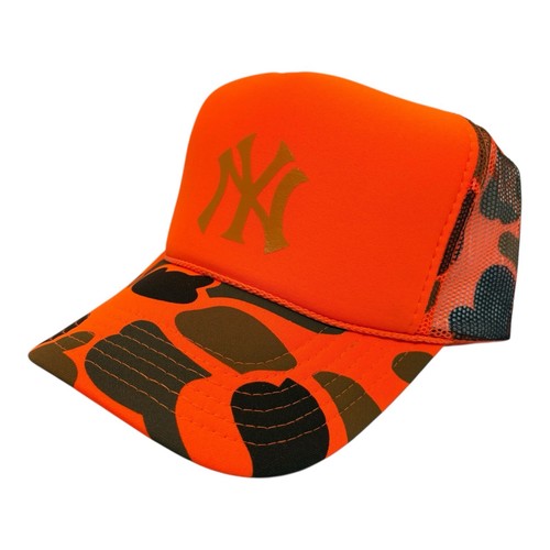 NEW YORK YANKEES ORANGE CAMO CAP HAT 5 PANEL HIGH CROWN TRUCKER SNAPBACK - Picture 2 of 3