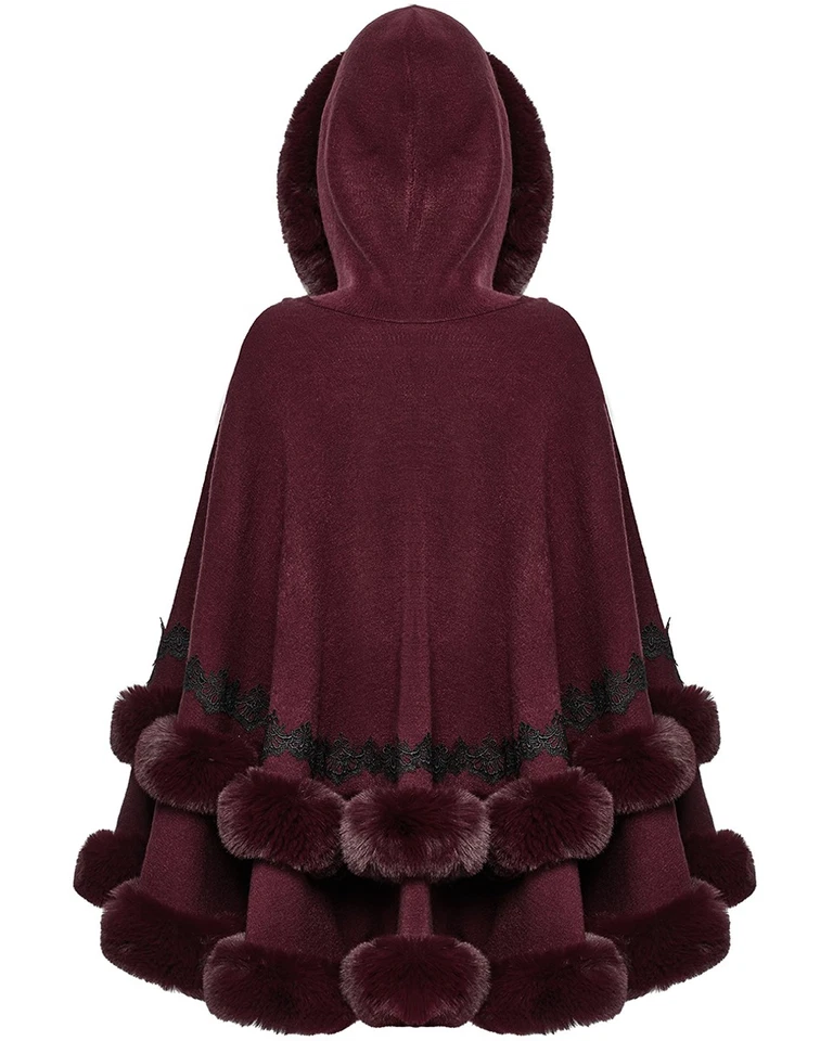 Punk Rave Daily Life Womens Plush Faux Fur Lace Trim Hooded Winter Cloak Red - Image 2 of 4