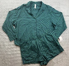 Auden Women's XXL Flannel Long Sleeve Top & Shorts Pajama Set Green Mini Check