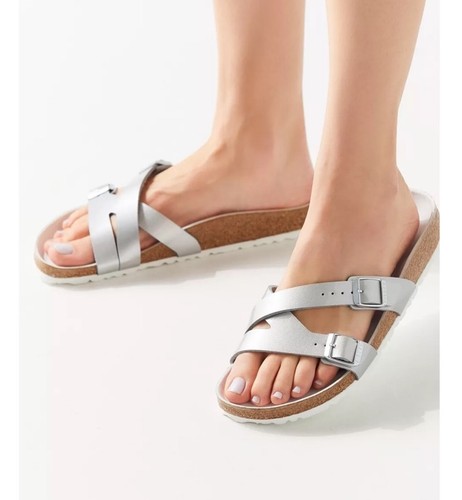 Birkenstock Yao Metallic Silver Slides Sandals Cross Strappy Womens 8 N 39 - Picture 10 of 13