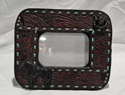 #ad #ad Western Horse Theme Picture Frame Brown Tooled Leather Belt Look 7.25quot; x 5quot; $15.00