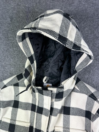 Carhartt Jacket Womens XL Black White Plaid Wool Blend Hooded Quilted Lined - Picture 4 of 11