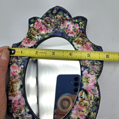 Vintage floral emailliert Messing & Holz Handspiegel französischer Impressionist Boho Landhaus - Bild 11 von 11