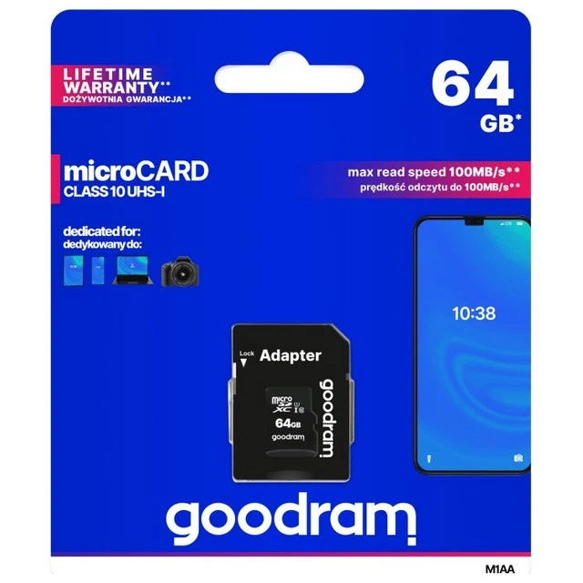 GOODRAM MEMORY CARD M1AA MICROSD HC 64B CLASSE 10 UHS-I SPEED 100MB/S 793DE4A - Immagine 3 di 3