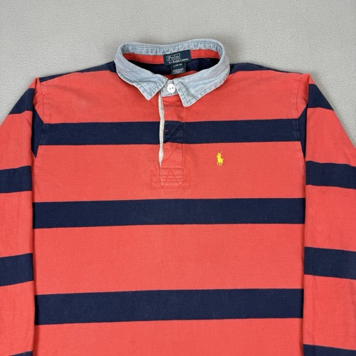 Polo Ralph Lauren Shirt Boys Large 14-16 Pink Navy Rugby Polo Striped Preppy - Picture 2 of 11