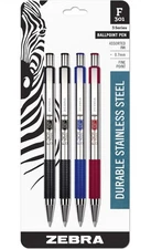 4 Zebra F-301 Stainless Steel Retractable Ballpoint Pens 0.7mm Fine Asst colors