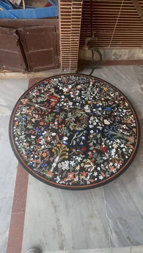 Handmade Floral Pietra Dura Tabletop – Round Inlaid Marble Art 42" Decor - Video 1 of 1