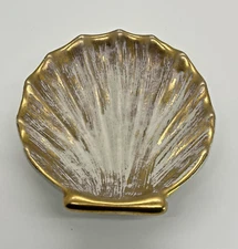 Royal Haeger Pottery Shell Candy Dish Bowl 22K Gold Tweed Glaze 178 USA 5 x 4.5”