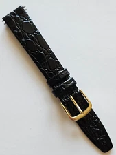 16mm - Black Crocodile Pattern/Glossy Leather Watch Band - (Gold Buckle/ w Pins)