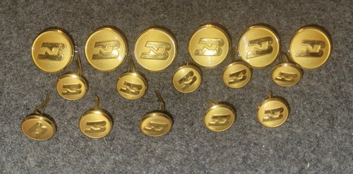 Lot of 16 Burlington Northern 6 1" Uniform Buttons and 10 1/2" Hatband Tacks