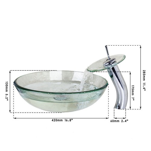 BATHROOM LUXURY GLASS BASIN MATCHING ROUND GLASS WATERFALL TAP + POP UP WASTE - Picture 2 of 9