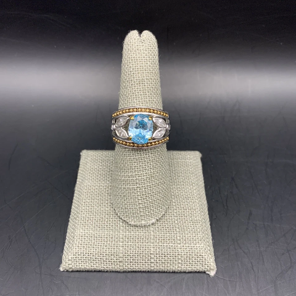 Anillo Floral Dos Tonos Talla 8 Piedra Vidrio Azul Plata Tono Dorado Trabajo Abierto Grueso Foto 2 de 4