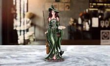 10.75"H Green Witch with Broom and Black Cat Statue Fantasy Figurine Room Decor