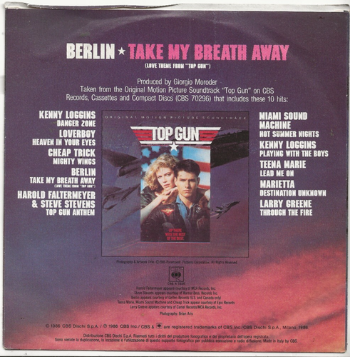 Berlin (Terri Nunn) Take My Breath Away 1986 single from Italy, Top Gun sleeve - Picture 2 of 2
