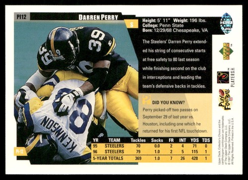 Darren Perry 1997 Collector's Choice #PI12 Pittsburgh Steelers PENN ST - Foto 2 di 2