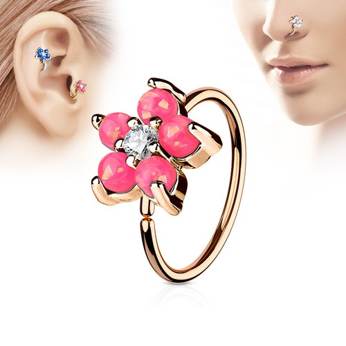 Opal CZ Flower Rose Gold IP Helix Tragus Rook Snug Daith Hoop Nose Ring Piercing - Picture 5 of 7