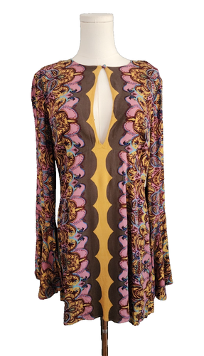 FREE PEOPLE Sz 6 Gold/Brown OSSIE VIBES Bell Sleeve Tunic Mini Dress NWT $128 - Picture 3 of 10