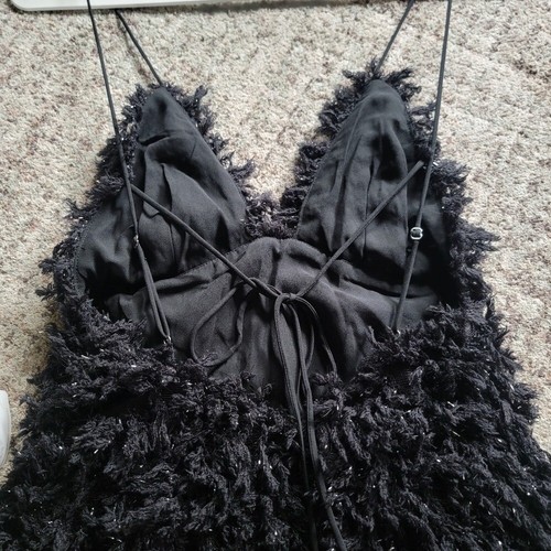 New For Love & Lemons Black Shaggy Strappy Kamara Shimmer Party Mini Dress XS - Picture 10 of 15