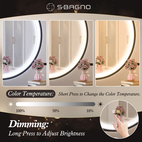 23in Black Sleek Round Vanity Wall Mirror 3 Color temperature Bedroom Decor - Picture 6 of 7