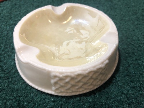 BELLEEK Ireland Porcelain Ashtray Trinket Soap Dish Yellow Lattice & Green Stamp