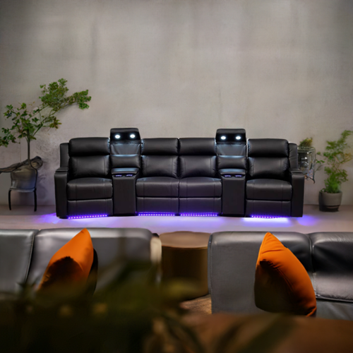 Home Cinema 4 Seater Leather Electric Recliner Sofa Black - Picture 3 of 10