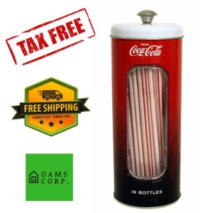 Coca-Cola Collectible Tin Straw Dispenser Holder Storage And 50 Straws Kid Party