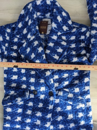 Blue & White Women's Small Checked Print Fleece Coat Long Sleeve Double Breast - Picture 7 of 9