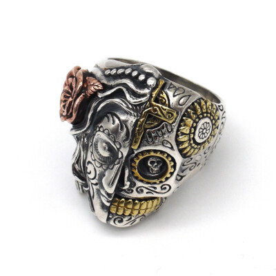Women Men Sugar Skull Rose Ring 2 Faces Gothic Sterling