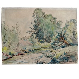 Tableau Aquarelle Paysage Bord de Rivière signé A. Guers circa 1940
