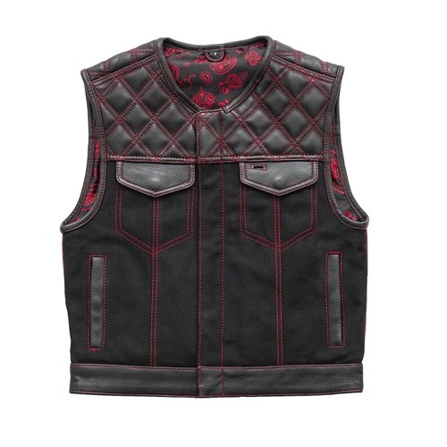 Men’s Biker Vest Or Hunt Club Leather Diamond Quilted Motorcycle Vest Black Red - Picture 1 of 6