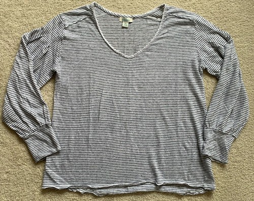 Sundance Mariner Journey Linen Top Womens XS Gray Striped Balloon Sleeve Coastal - Picture 1 of 10
