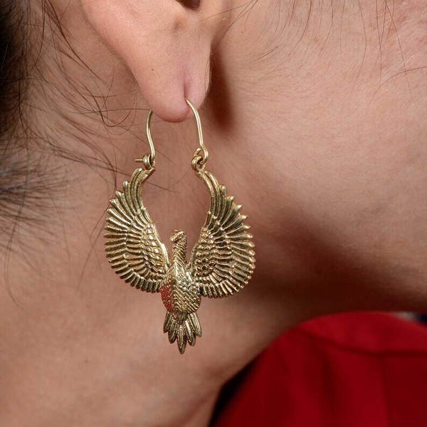 Alternate view of Large Tribal Gypsy Ethnic Mandala Earrings Gold Plated Moroccan Hoops Tyr4