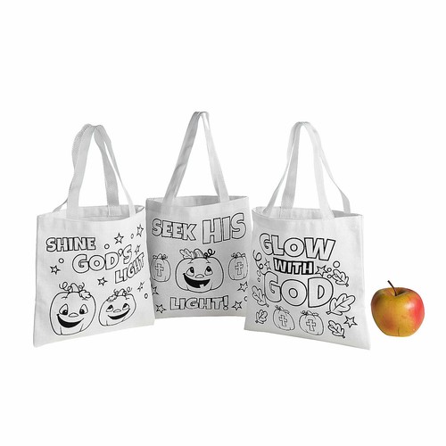 Color Your Own Mini Christian Pumpkin Canvas Tote Bags, Halloween, 12 Pcs
