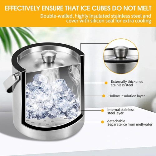 Ice Cube Tray 2000ML Stainless Steel Ice Bucket Insulated Ice Bucket Ice Container+Lid - Picture 6 of 13