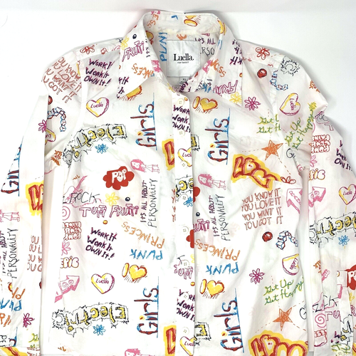 Luella for Target weiße Graffiti Knopfleiste Langarm Damen Bluse Gr. XS - Bild 2 von 6