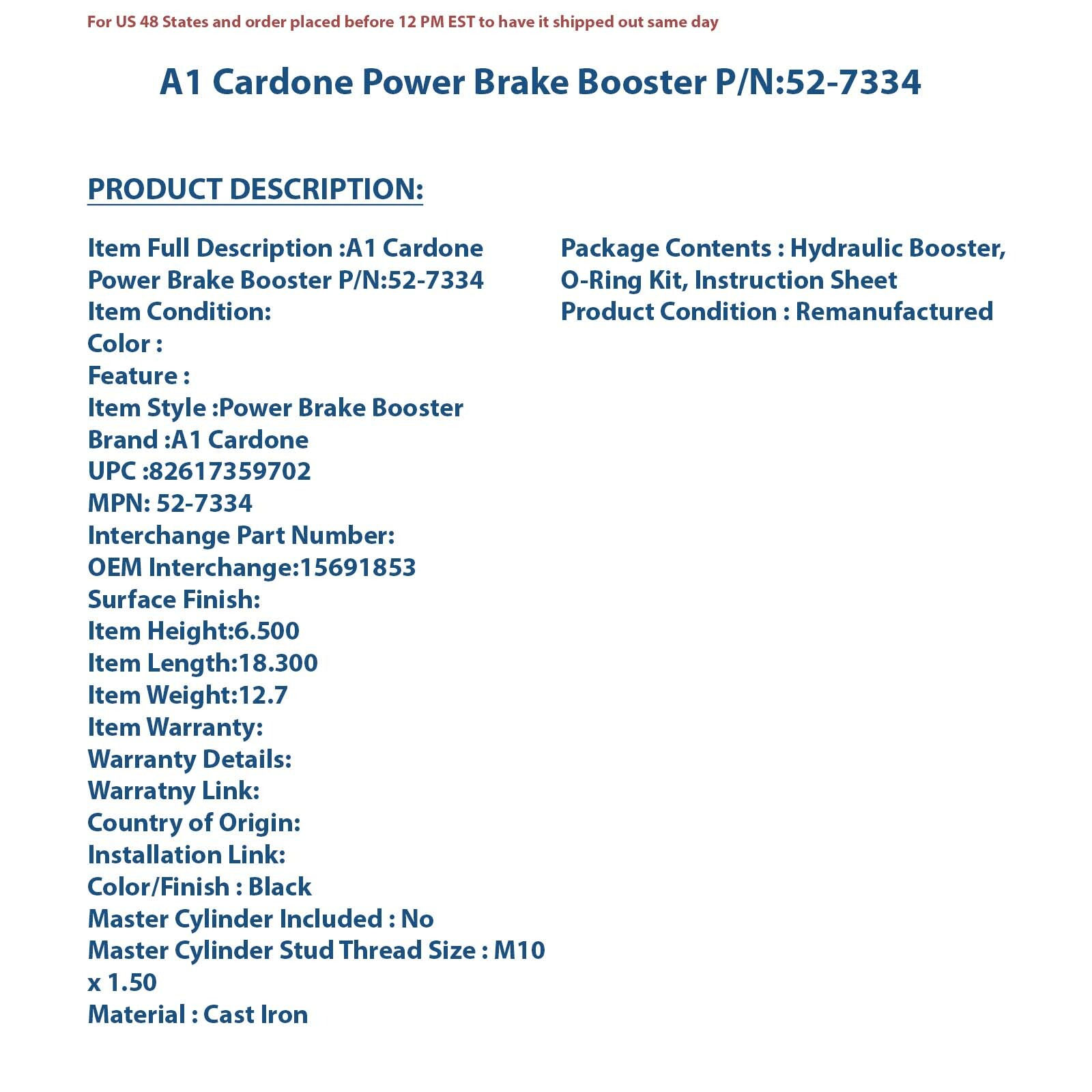 Power Brake Booster-Hydro-Boost Cardone 52-7334 Reman