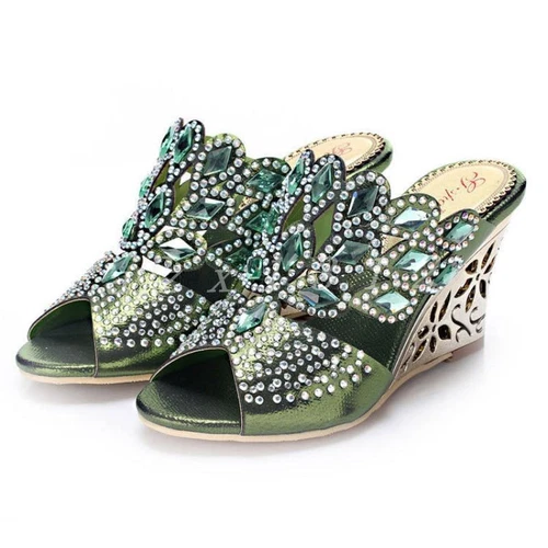 New Womens Open Toe Rhinestone High Wedge Heel Slippers Party Dress Sandal Shoes - Picture 10 of 15