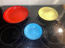 Vintage HUTA SILESIA 3 Pc  Red, Yellow, Blue Enameled 10", 8”, 6” Pans